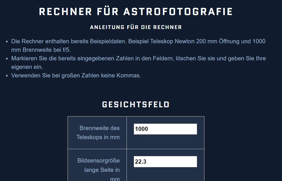 Astrofotografie Rechner Kalkulator