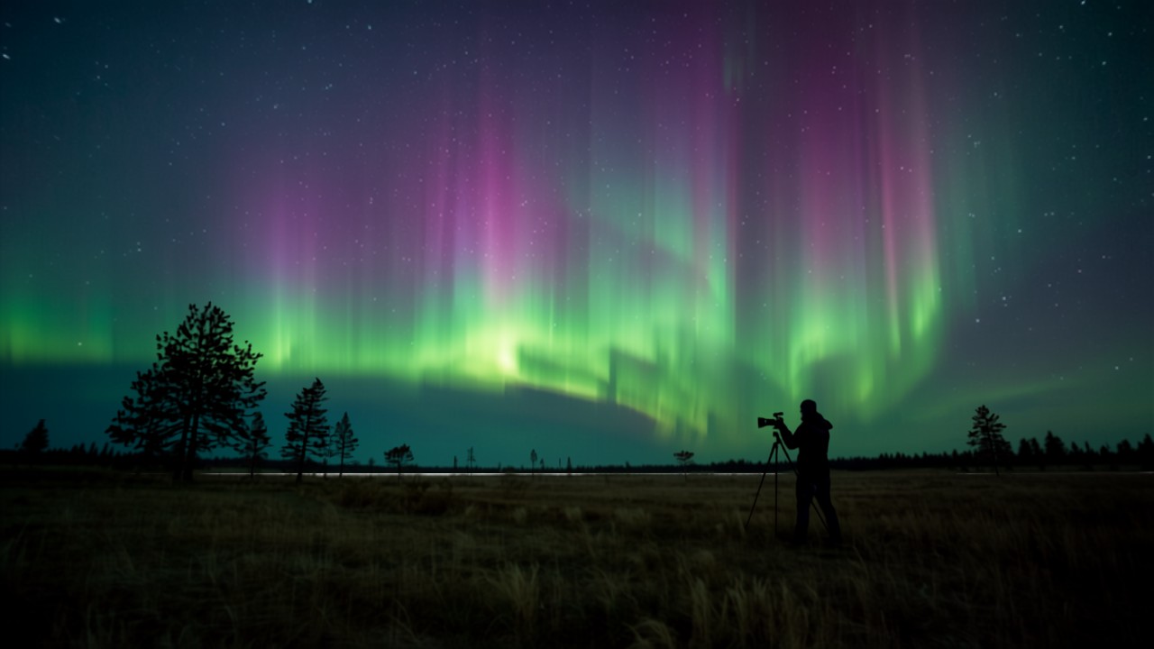 Photographe avec un appareil photo sur trépied photographiant des aurores boréales (image d'illustration, générée par IA)