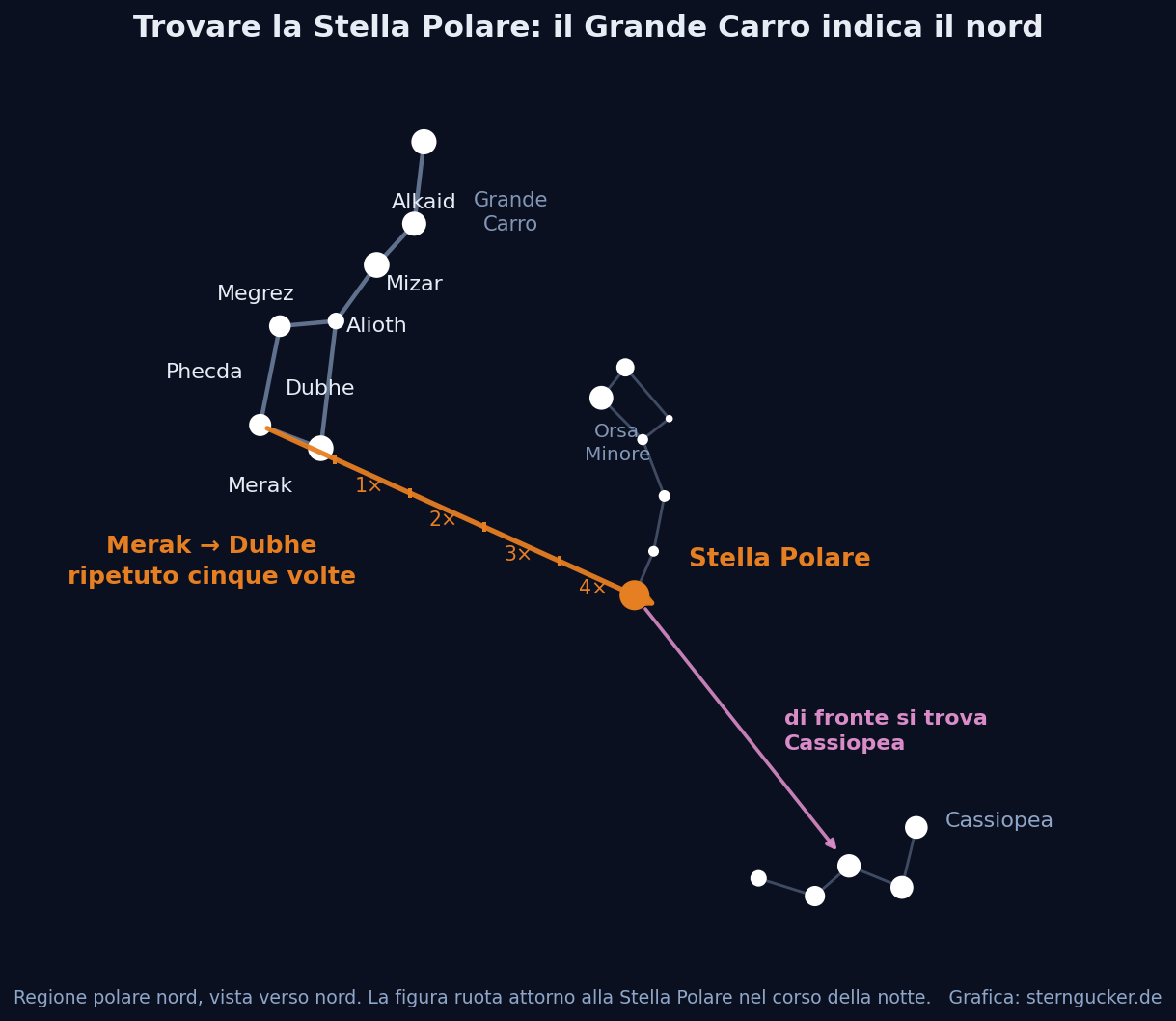 Mappa schematica del cielo polare nord: il lato esterno del Grande Carro da Merak a Dubhe prolungato cinque volte incontra la Stella Polare, con la W di Cassiopea dalla parte opposta