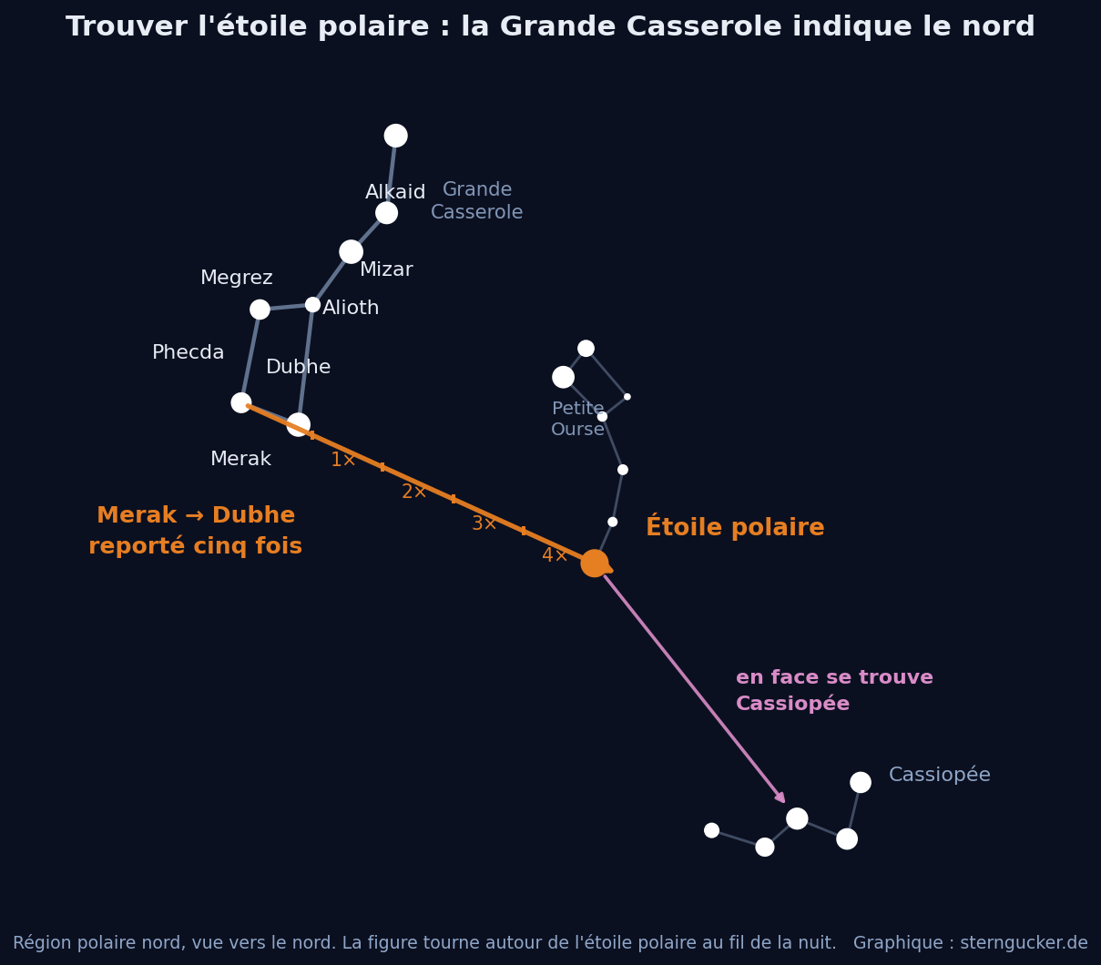 Carte schématique du ciel polaire nord : le bord extérieur de la Grande Casserole, de Merak à Dubhe, prolongé cinq fois, rencontre l’étoile polaire, avec le W de Cassiopée de l’autre côté