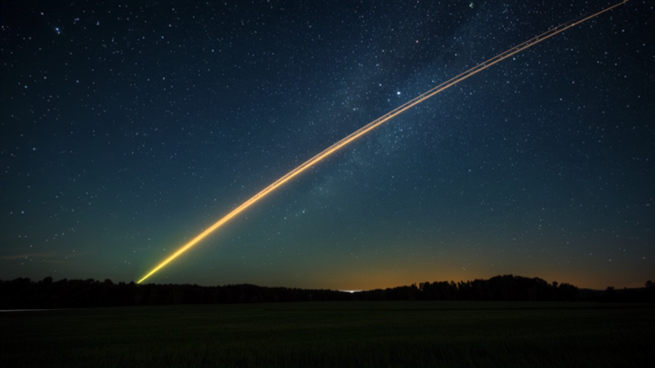 Bolide lumineux avec une longue traînée au-dessus d'un paysage nocturne