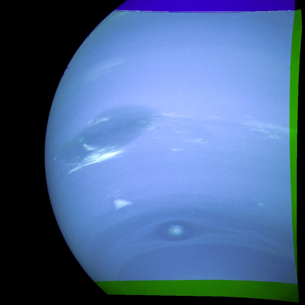 Neptun z Wielką Ciemną Plamą i jasnym obłokiem Scooter, sfotografowany przez Voyagera 2 w sierpniu 1989