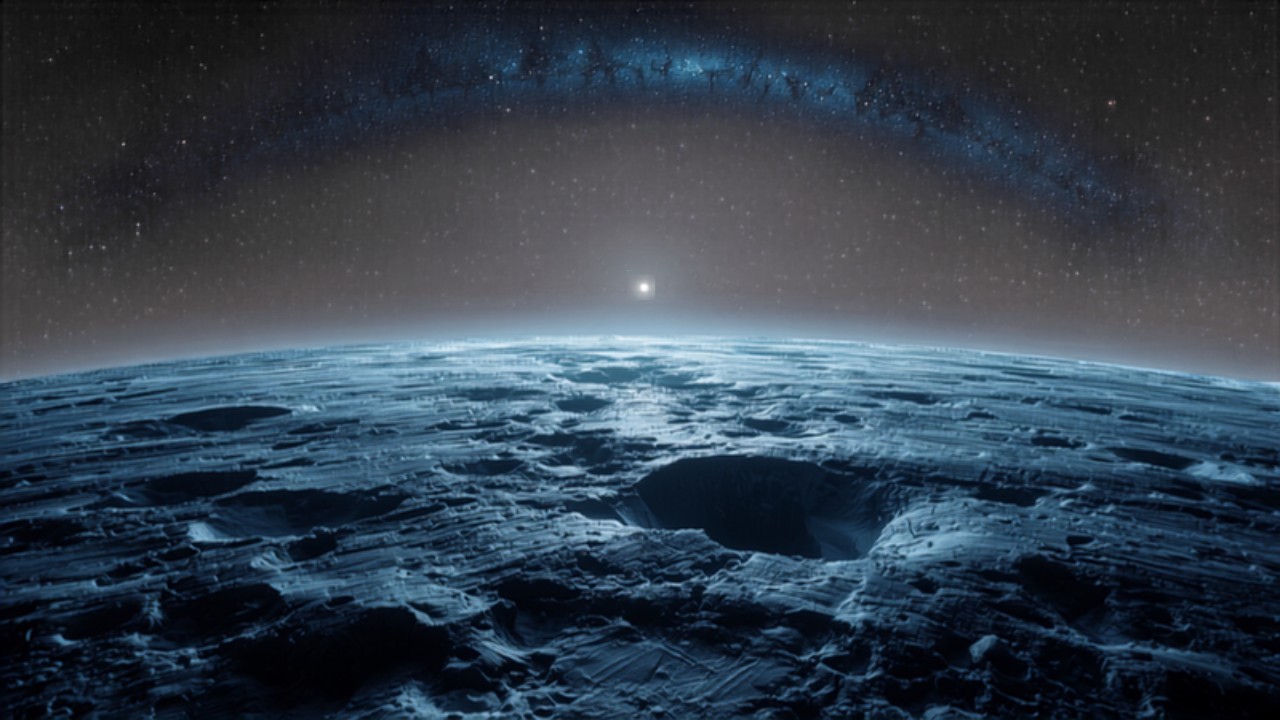 Eisige Kometenwelt am Rand des Sonnensystems, die Sonne nur noch ein heller Lichtpunkt