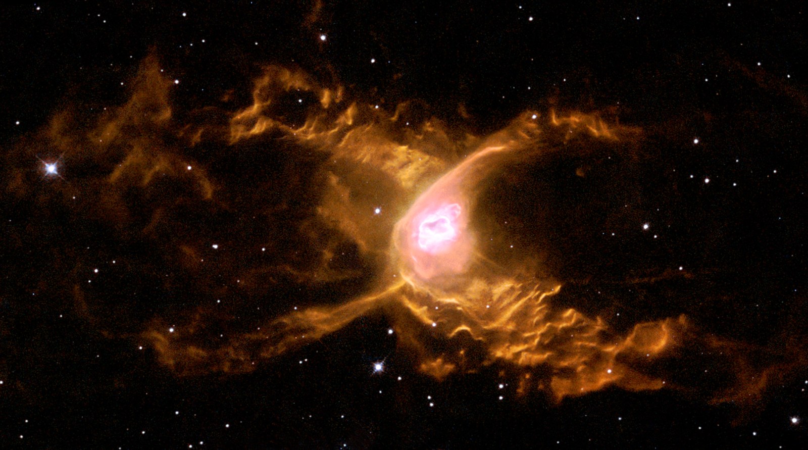 Image de Hubble de la nébuleuse planétaire NGC 6537 dans la constellation du Sagittaire : deux lobes de gaz symétriques en rouge et orange qui évoquent les pattes d'une araignée, avec une étoile centrale extrêmement chaude.