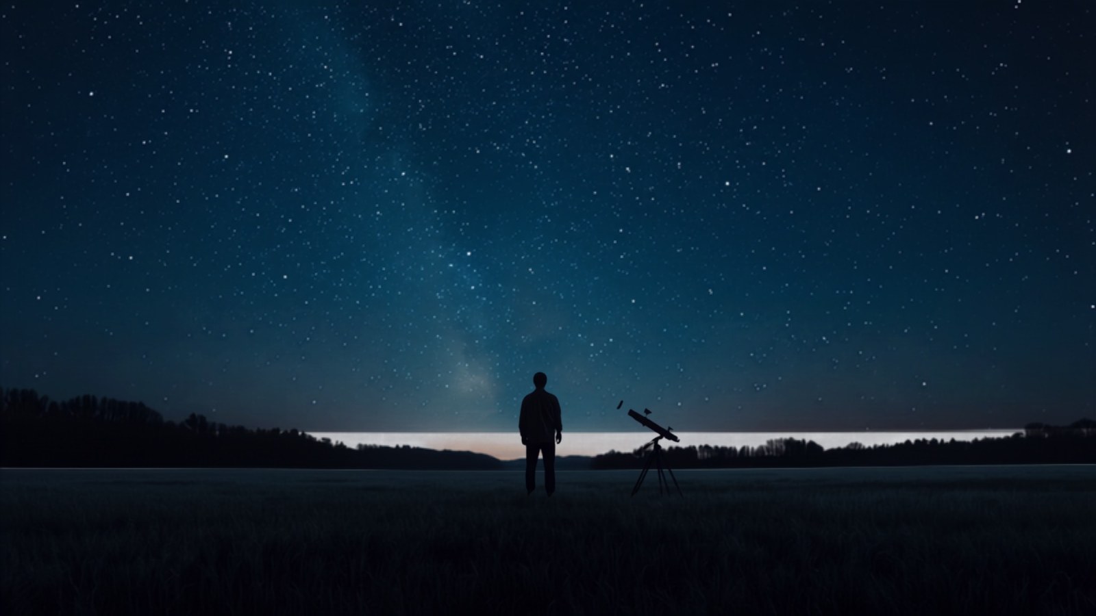 Beobachter mit Teleskop auf einer Wiese unter dem Sternenhimmel, Blick nach Süden