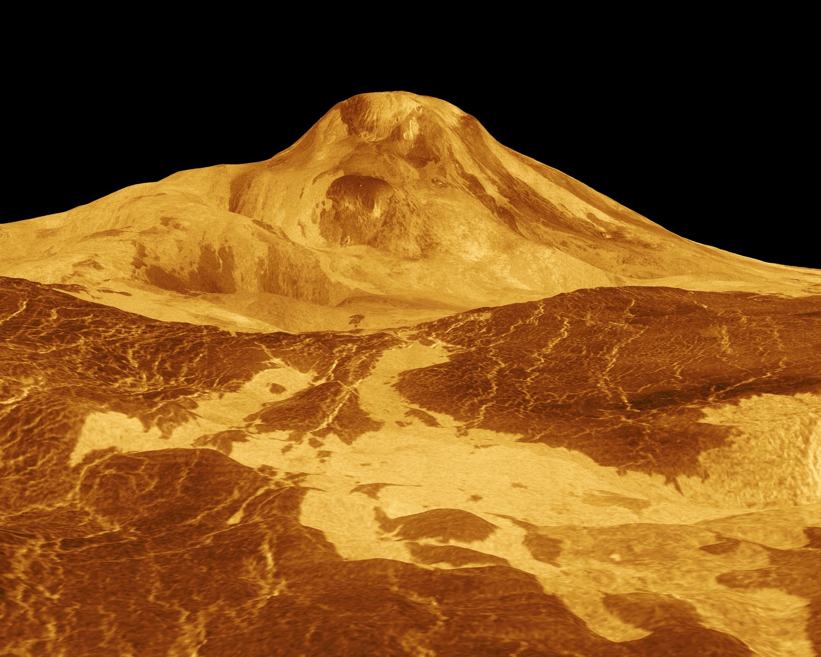 Representación de radar en perspectiva del volcán Maat Mons de Venus con campos de lava