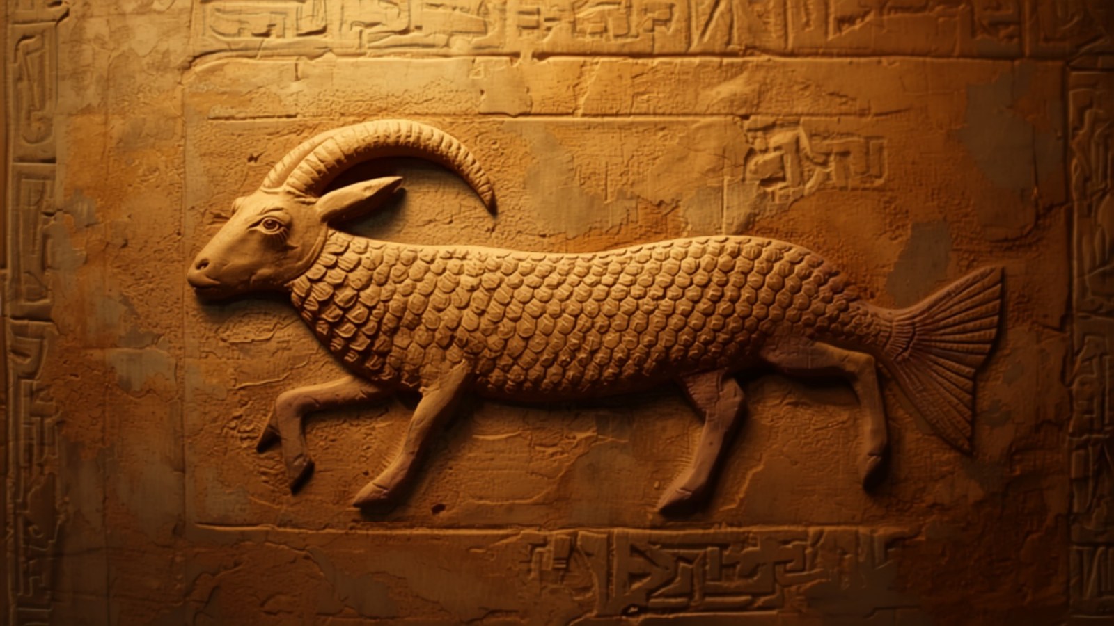 Relief eines Ziegenfischs mit Ziegenkopf, geschwungenen Hörnern, beschupptem Körper und Fischschwanz auf einer verwitterten Sandsteinplatte im babylonischen Stil.