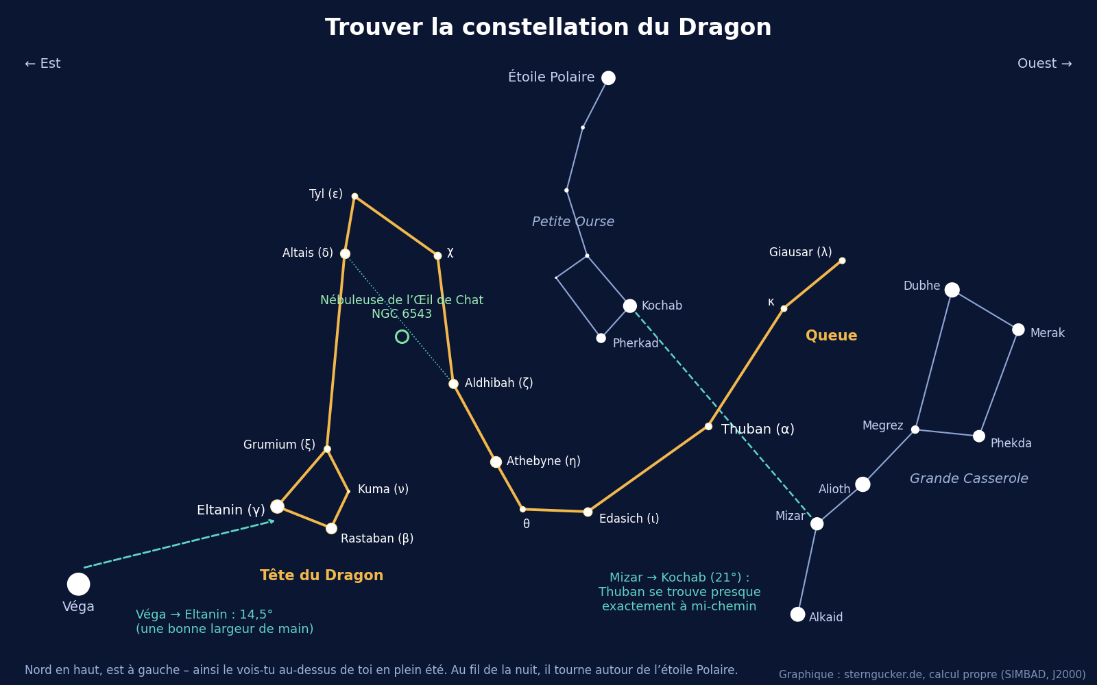 Carte de repérage de la constellation du Dragon : de Véga à la tête avec Eltanin, Thuban entre Mizar et Kochab, nébuleuse de l'Œil de Chat