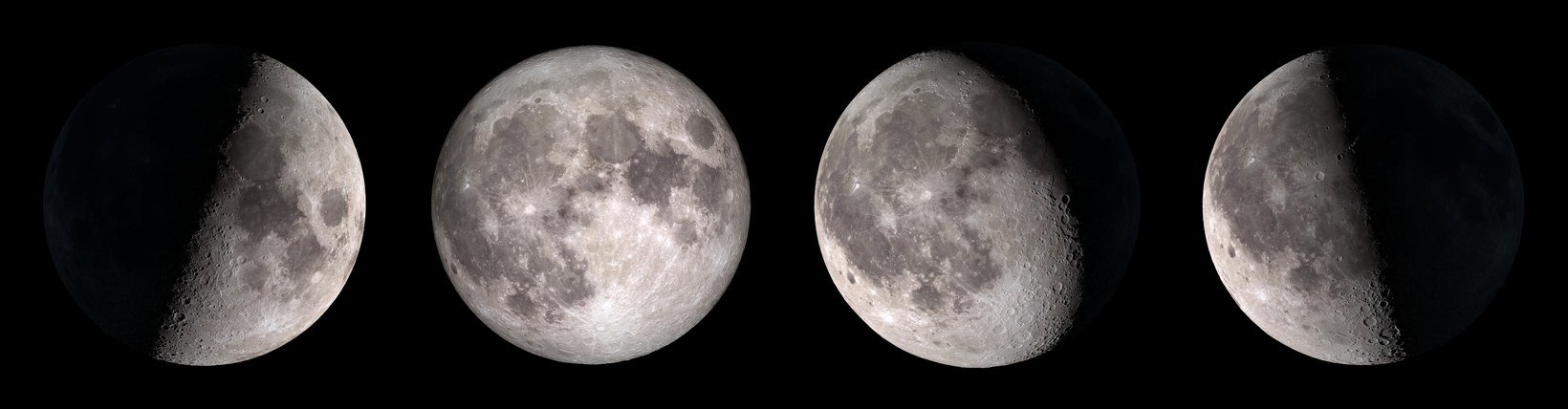 Der Mond in vier Phasen: zunehmender Halbmond, Vollmond, abnehmender Mond und abnehmender Halbmond