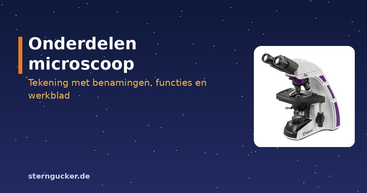 Opbouw van een lichtmicroscoop met benamingen van oculair, tubus, objectieven, objecttafel, condensor en grove en fijne instelling