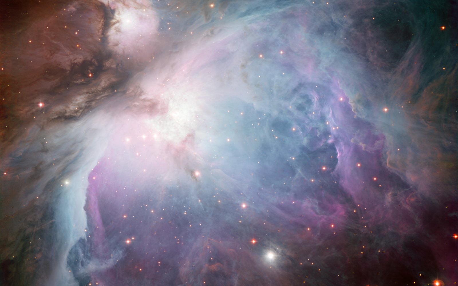 The Orion Nebula M 42 with its bright core around the Trapezium and the smaller nebula M 43 at upper left