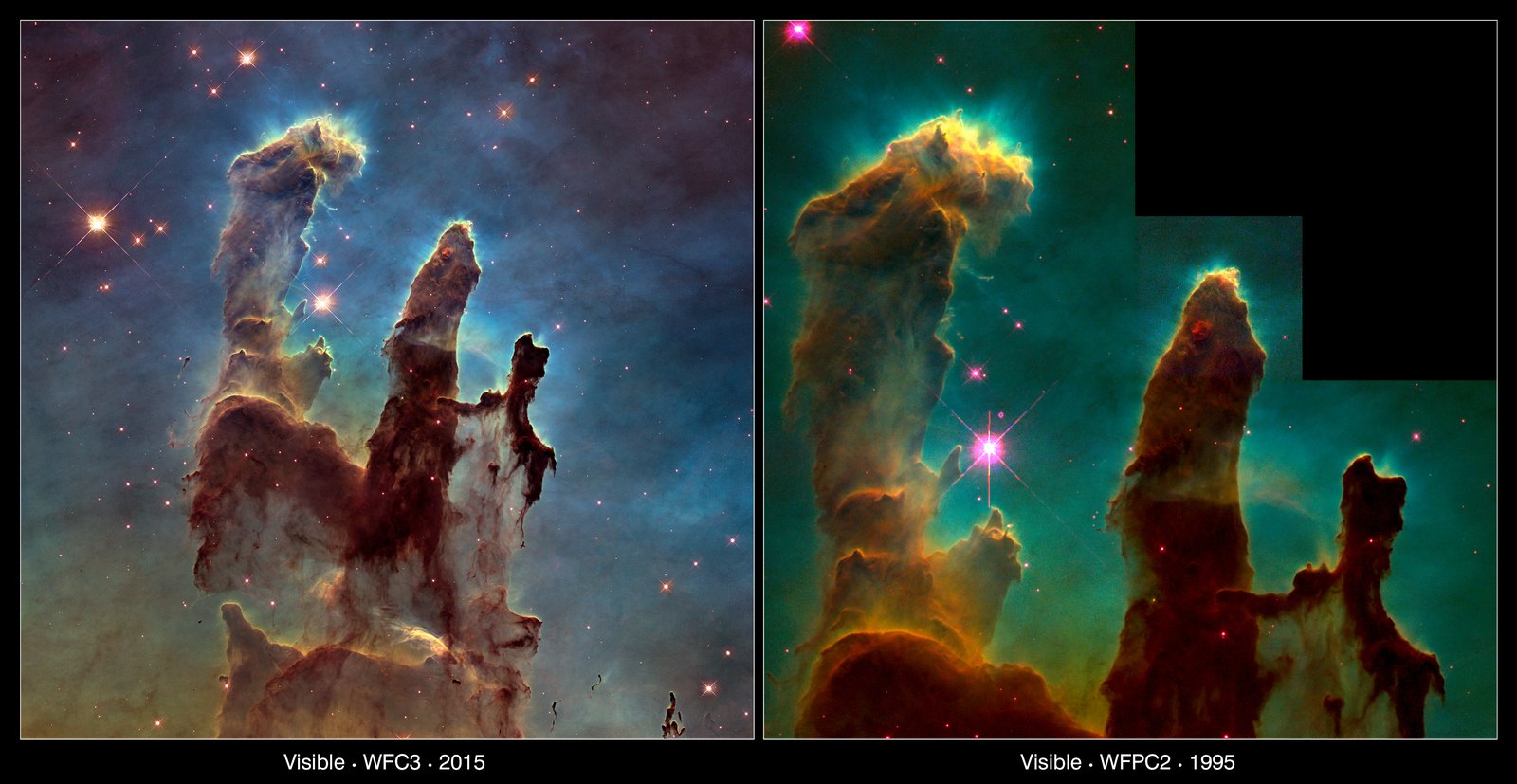 Vergleich der Säulen der Schöpfung: links die schärfere Hubble-Aufnahme von 2014, rechts das Originalbild von 1995