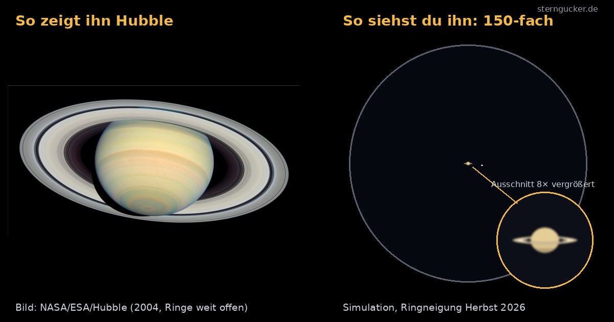 Saturn durch ein Teleskop: links das Hubble-Bild, rechts eine Simulation des Okularbilds bei 150-facher Vergrößerung