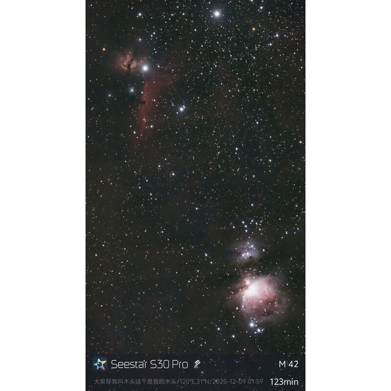 Orionnebel und Pferdekopfnebel, aufgenommen mit dem Seestar S30 Pro