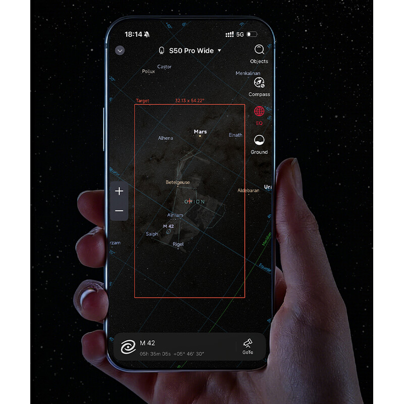Seestar-App auf dem Smartphone mit Live-Bild