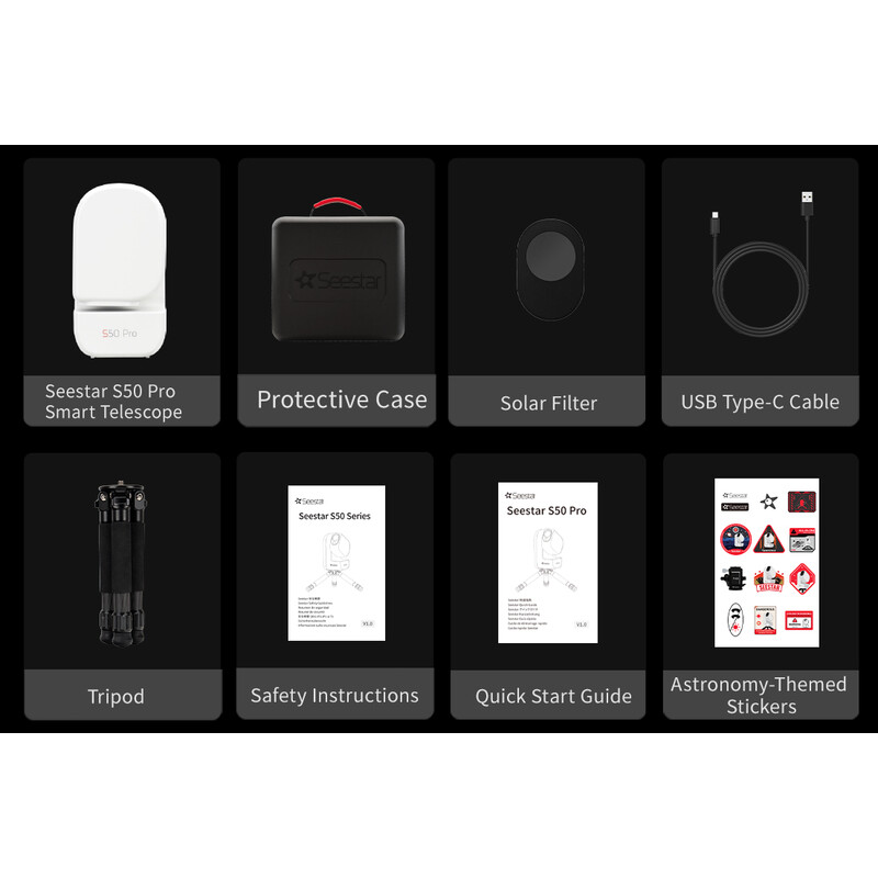 Lieferumfang des Seestar S50 Pro: Teleskop, Koffer, Sonnenfilter, Kabel, Stativ, Anleitungen
