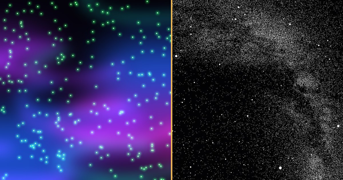 Comparación: a la izquierda nebulosas de colores y puntos láser verdes de un proyector galaxy; a la derecha el cielo estrellado proyectado por un planetario doméstico con la Vía Láctea