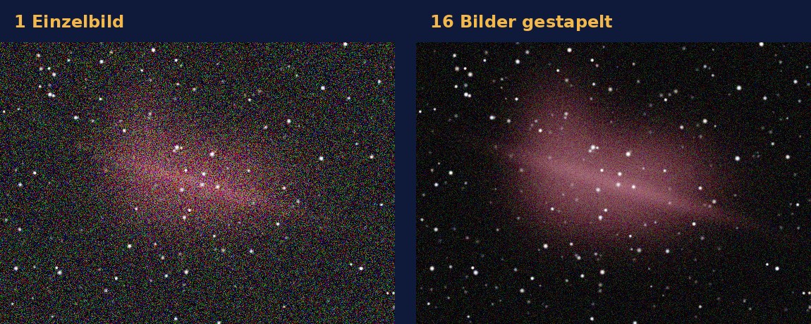 Vergleich: verrauschtes Einzelbild und 16 gestapelte Aufnahmen eines Nebels