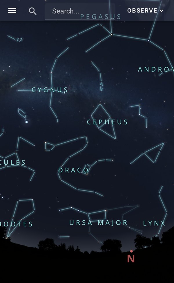 Screenshot Stellarium Web: Nordhimmel mit Sternbildlinien von Schwan, Kepheus, Drache und Großem Bären über dem Horizont