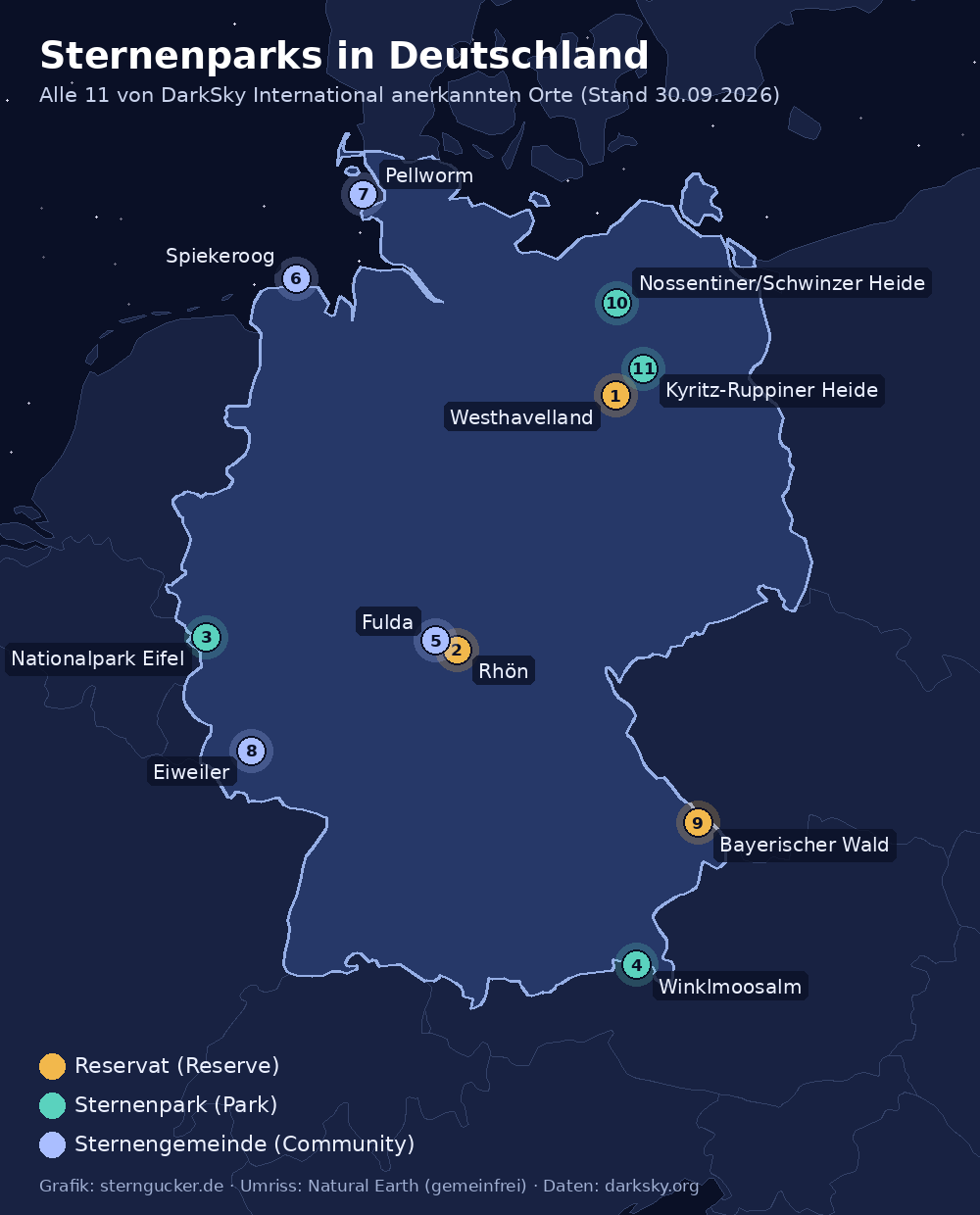 Karte: alle 11 anerkannten Sternenparks und Dark-Sky-Orte in Deutschland mit Nummern 1 bis 11