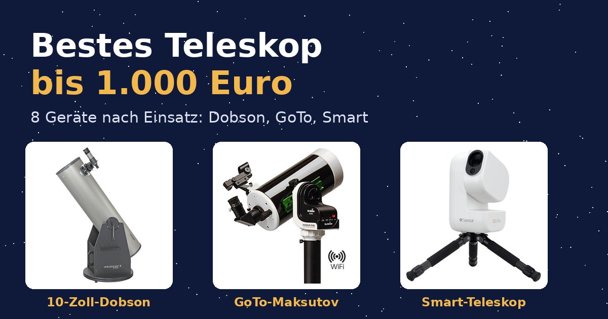 Drei Teleskop-Klassen bis 1.000 Euro: 10-Zoll-Dobson, GoTo-Maksutov und Smart-Teleskop