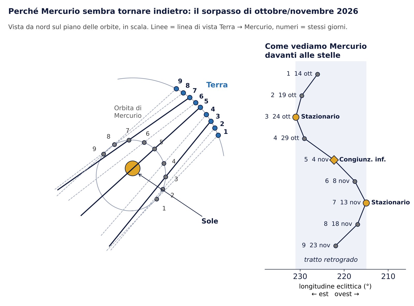 Vista dall'alto in scala delle orbite di Mercurio e della Terra a ottobre e novembre 2026 con le linee di vista e il conseguente movimento avanti e indietro di Mercurio davanti alle stelle