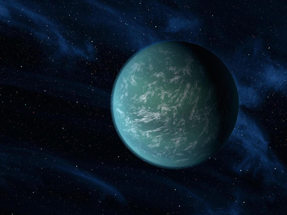 Artist's impression of Kepler-22b as a blue-green planet with wisps of cloud in front of a starry sky